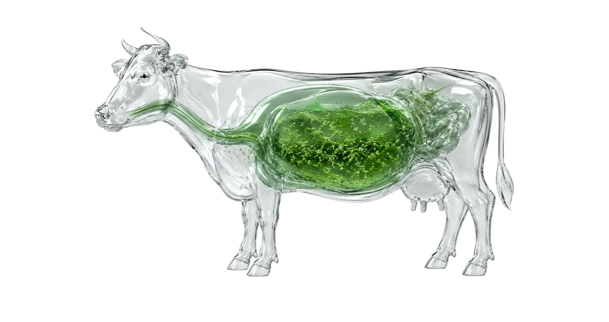 Vaca translúcida animada que deja ver el rumen